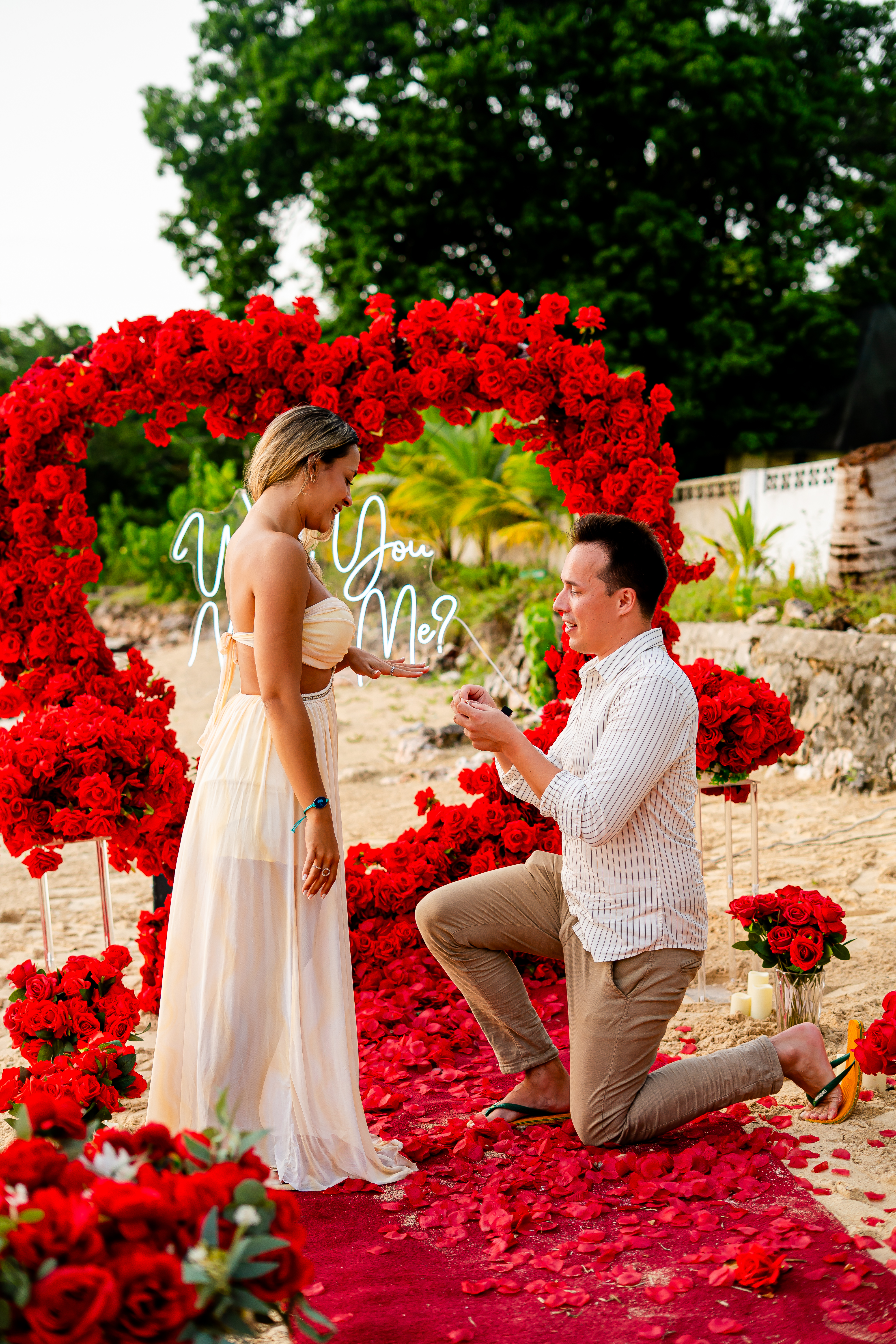 Alex kneeling with the ring in front of the rose heart arch as Suzan reacts